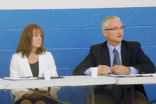 Superintendents at the LDSB Barb Fraser-Stiff and Andre Labrie at the September 15 special meeting at Clarendon Central PS to address the staff cuts there  